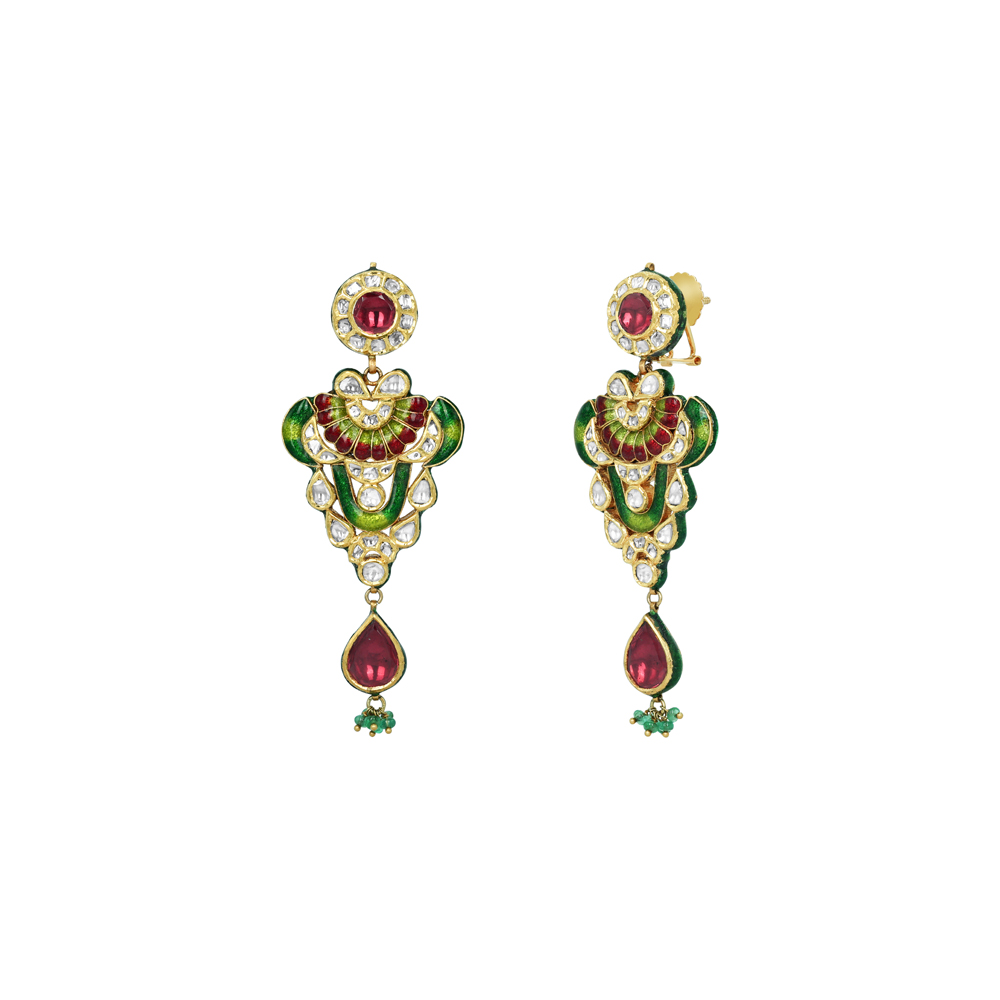 Polki Earrings with Red-Green Enamel, Rhodolite, and Emerald Beads